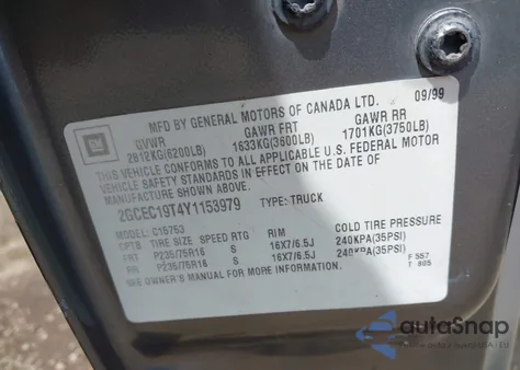 2000 Chevrolet Silverado 1500 Ls from USA, damaged, VIN 2GCEC19T4Y1153979